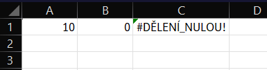 Příklad chyby #DĚLENÍ_NULOU! v Excelu
