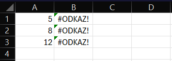 Příklad chyby #ODKAZ! v Excelu